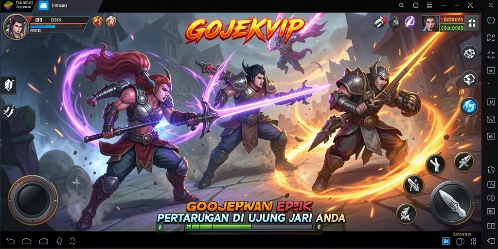 Screenshot gameplay GOJEKVIP menampilkan pertarungan mendebarkan dengan karakter unik.
