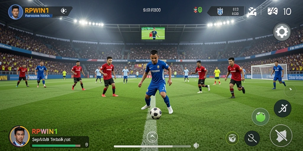 Screenshot utama RPWIN1 menampilkan gameplay sepak bola yang penuh aksi dan seru.